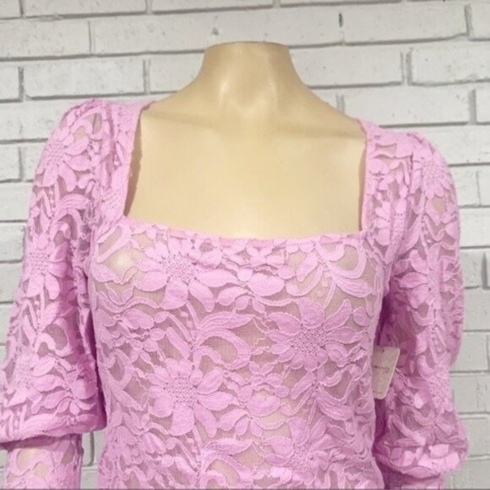 Free People Intimately Lavender Pink Floral Lace Square Neck Puff Sleeve Top | M - Picture 2 of 4